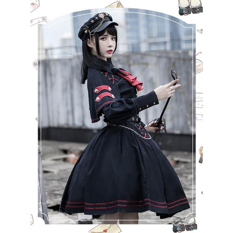 ミニロリ 軍服ロリータ フルセット ブラウス スカート 上下フルセット ミリタリーロリィタ ブラック 黒 膝丈 レディース ロリータアウター_4