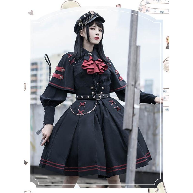 ミニロリ 軍服ロリータ フルセット ブラウス スカート 上下フルセット ミリタリーロリィタ ブラック 黒 膝丈 レディース ロリータアウター_5
