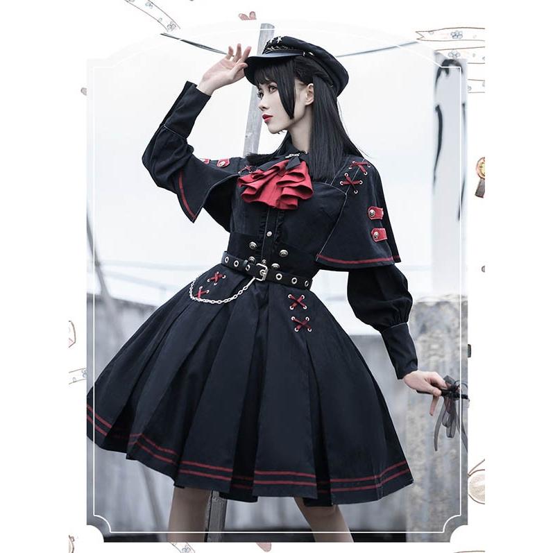 ミニロリ 軍服ロリータ フルセット ブラウス スカート 上下フルセット ミリタリーロリィタ ブラック 黒 膝丈 レディース ロリータアウター_7