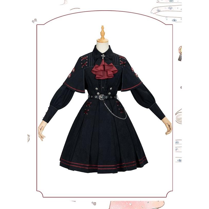 ミニロリ 軍服ロリータ フルセット ブラウス スカート 上下フルセット ミリタリーロリィタ ブラック 黒 膝丈 レディース ロリータアウター_8