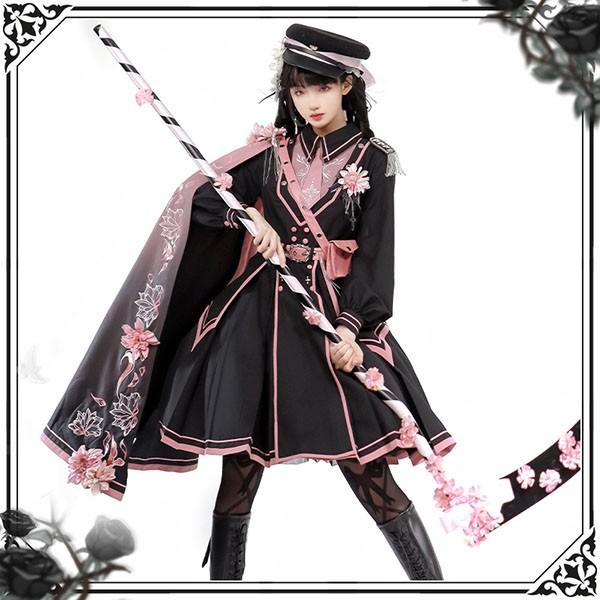 海外ロリータ 桜ワンピースセット ミニロリ 軍服ロリータ ゴスロリ フルセット ワンピース 長袖あり 肩章