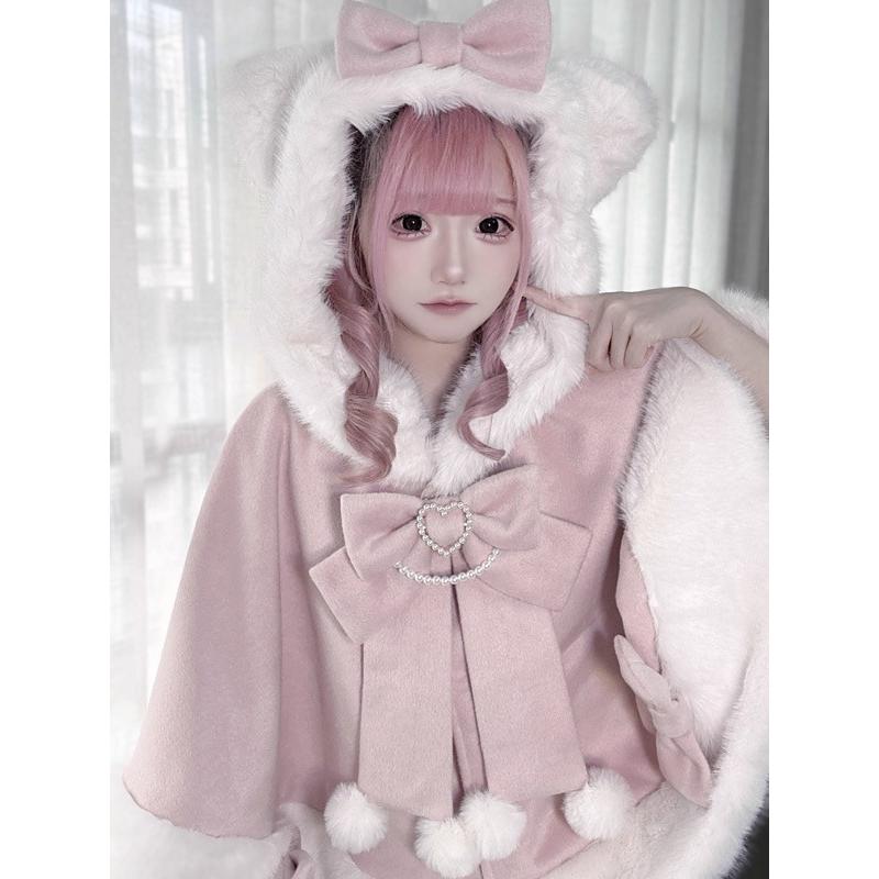 ピンクハウス　ポンチョ　アウター　フード　ウール　毛　ピコフリル　ベルト　リボン ポンチョコート ネコミミフード 量産型 秋冬 ファー付き レディース