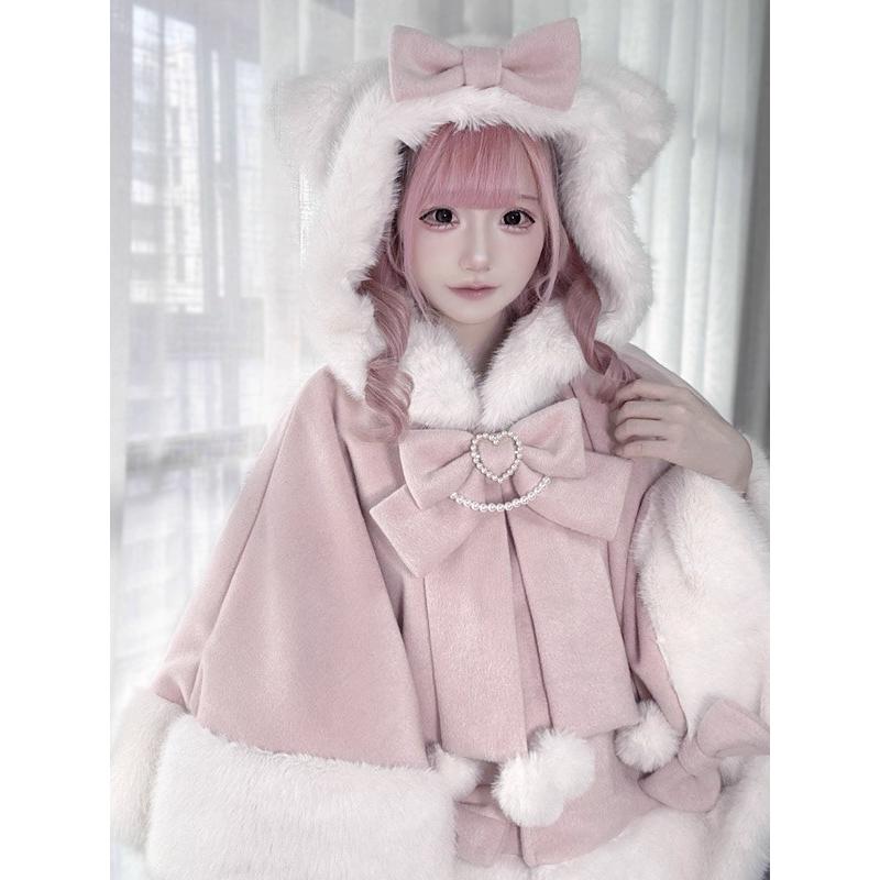 ポンチョコート ネコミミフード 量産型 秋冬 ファー付き レディース