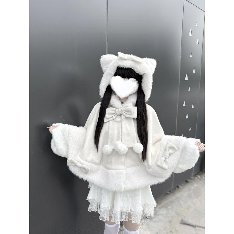 ポンチョコート ネコミミフード 量産型 秋冬 ファー付き レディース