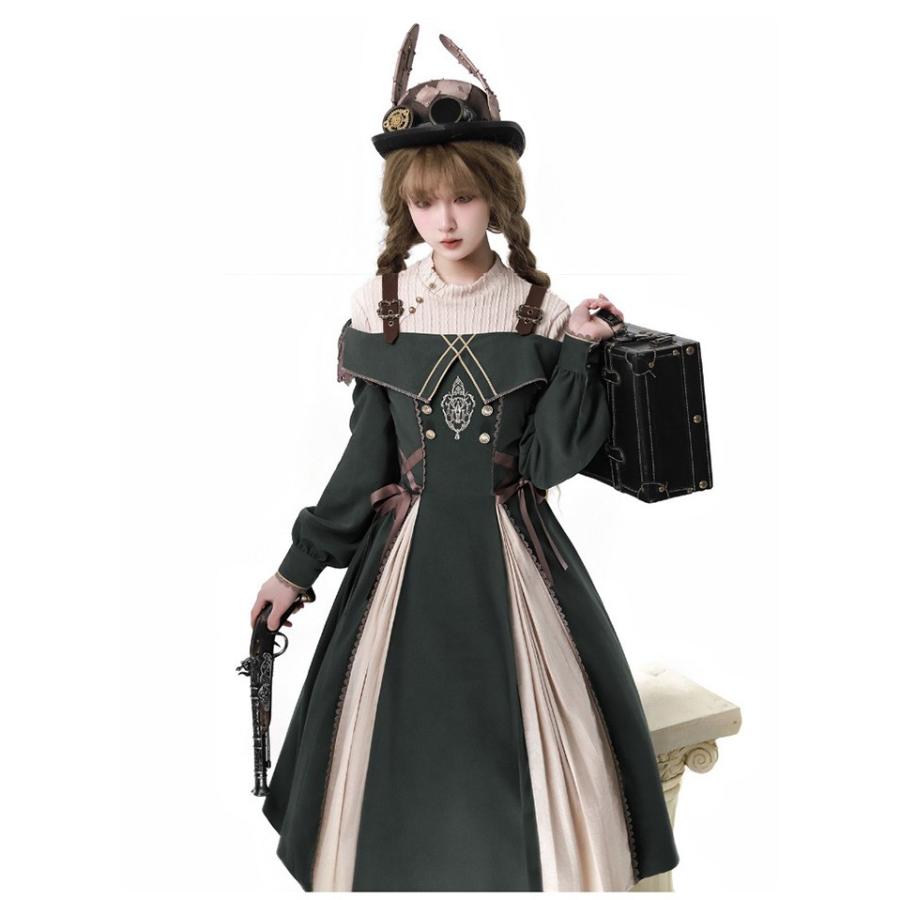 ロリータ コスチューム トップス ワンピース レトロ風 リボン レディース ゴスロリ 洋服 長袖 フリル コスプレ 衣装 洋服 可愛い 日常 仮装 パーティ イベント ステージ 文化祭 学園祭 春夏秋用 グリーン ロリータ コスチューム トップス ワンピース レトロ風 リボン