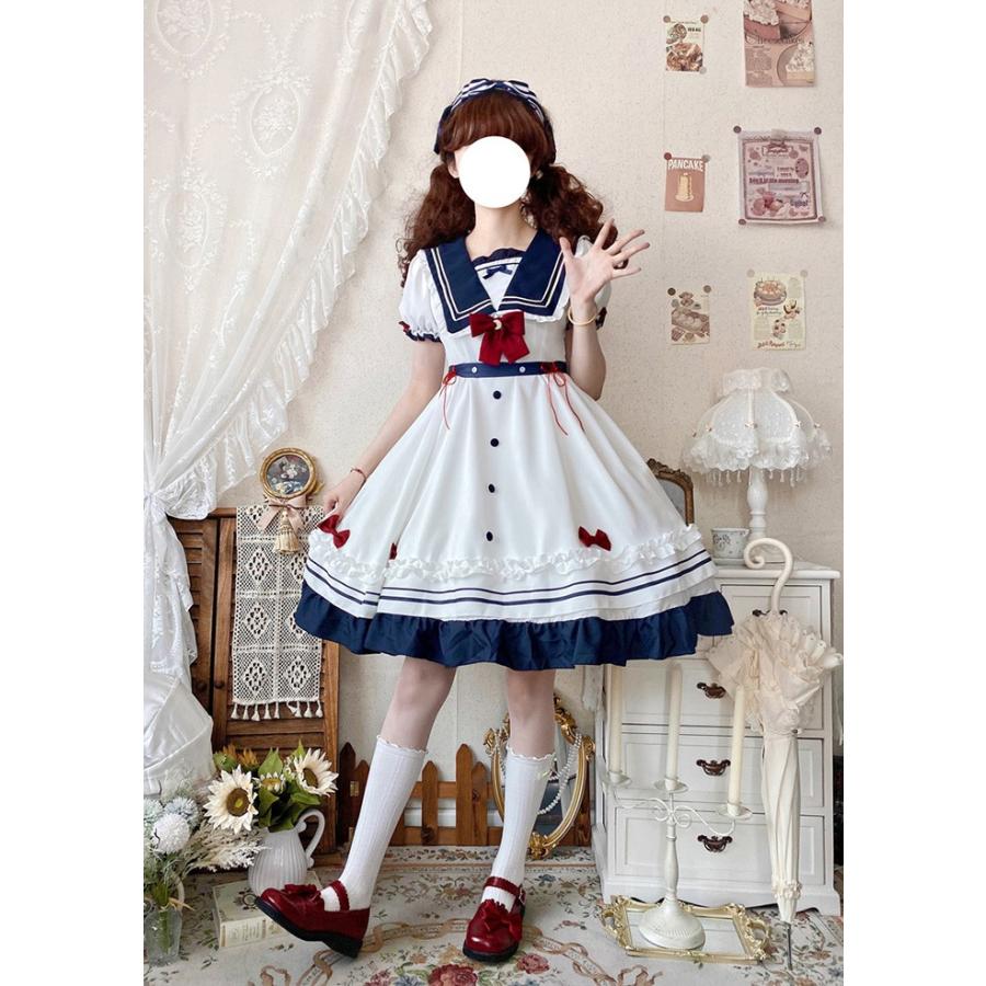 ワンピース レディース ロリータワンピース ロリィタ ゴスロリ Aライン 半袖 リボン セーラー服 衣装 かわいい パーティ イベント ネイビー S M L 2L_3