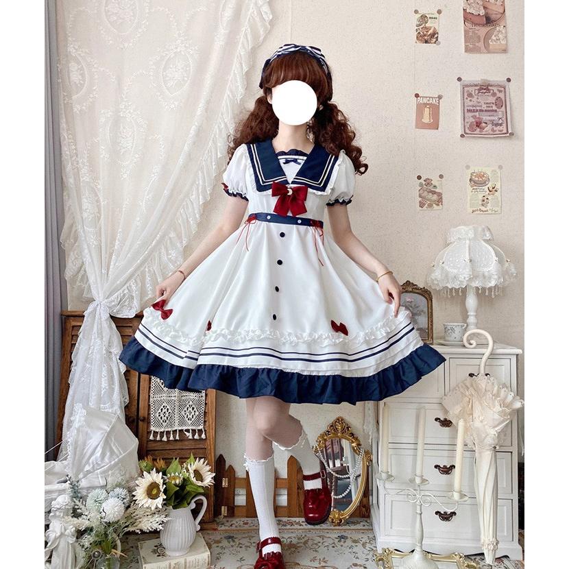 ワンピース レディース ロリータワンピース ロリィタ ゴスロリ Aライン 半袖 リボン セーラー服 衣装 かわいい パーティ イベント ネイビー S M L 2L_4