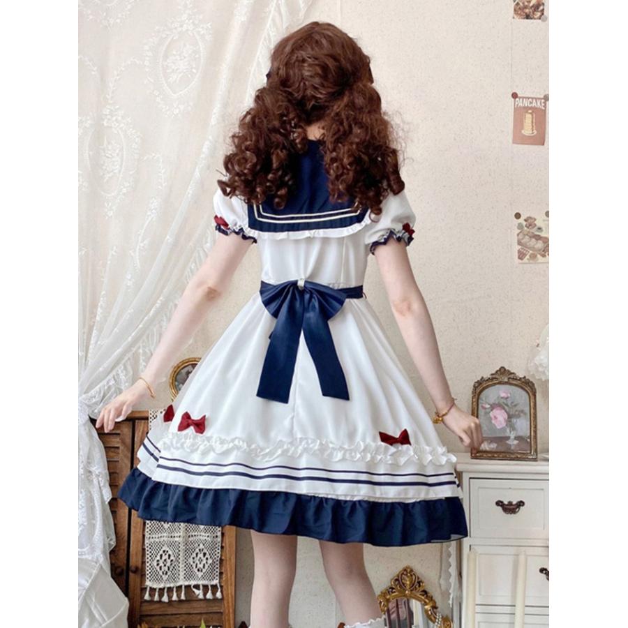 ワンピース レディース ロリータワンピース ロリィタ ゴスロリ Aライン 半袖 リボン セーラー服 衣装 かわいい パーティ イベント ネイビー S M L 2L_5