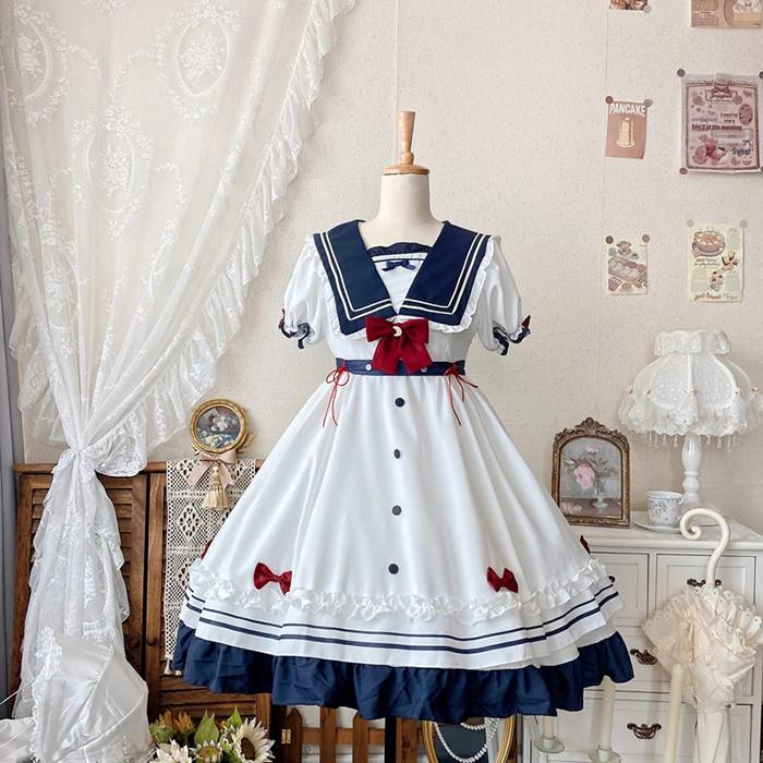 ワンピース レディース ロリータワンピース ロリィタ ゴスロリ Aライン 半袖 リボン セーラー服 衣装 かわいい パーティ イベント ネイビー S M L 2L_6