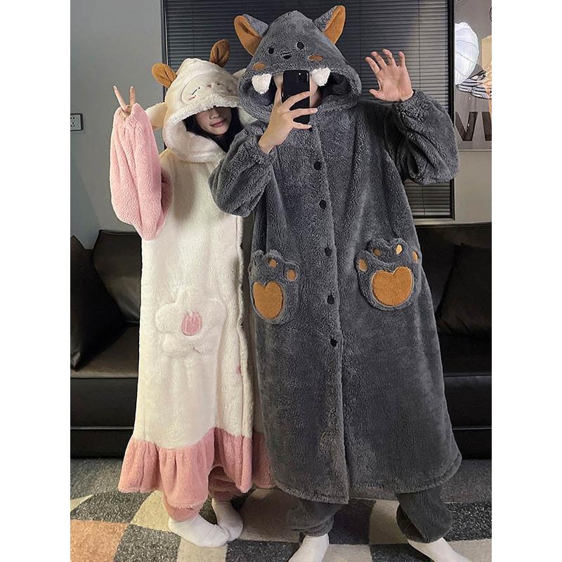 ルームウェア もこもこ パジャマ 羊 狼 冬 長袖 ナイトガウン 着る毛布