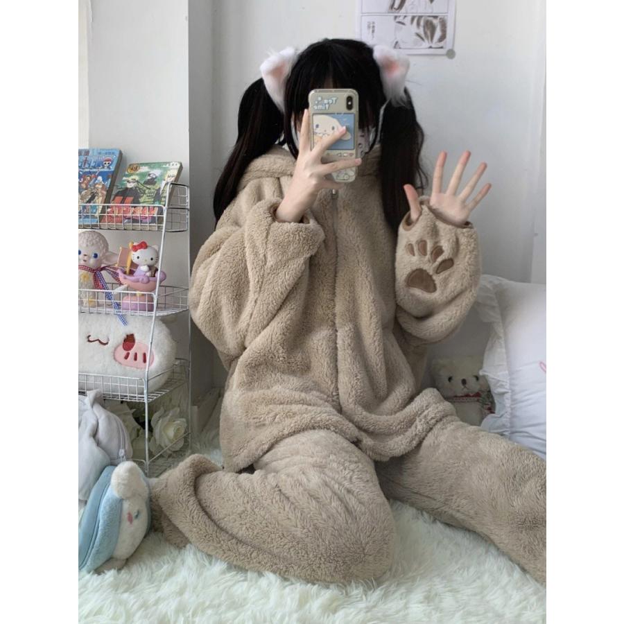 パジャマ レディース クマ柄 冬 着る毛布 ルームウェア 上下セットS M