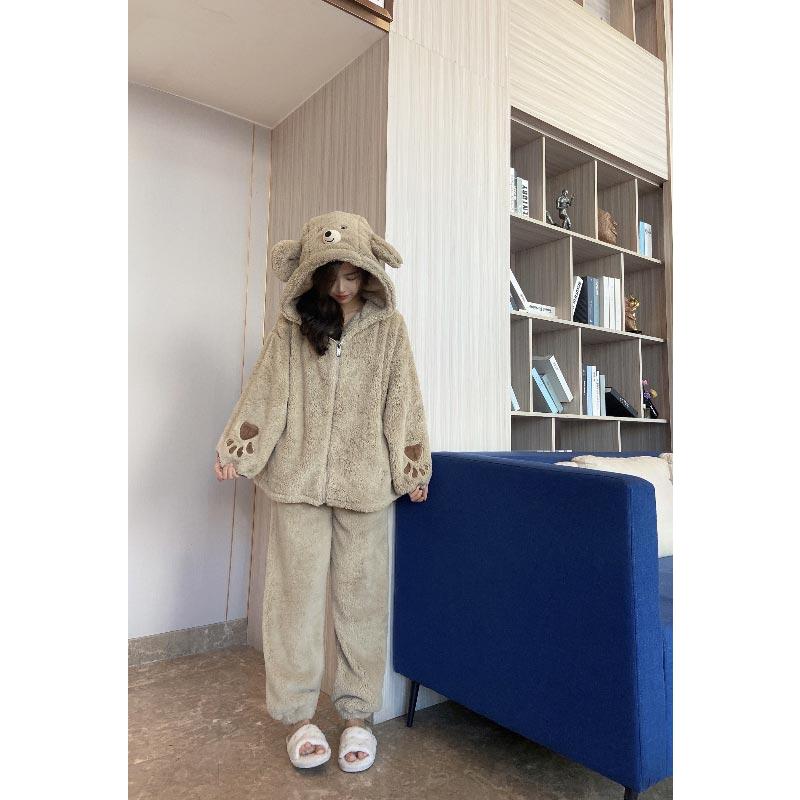 パジャマ レディース クマ柄 冬 着る毛布 ルームウェア 上下セットS M