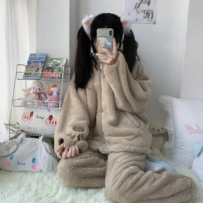 パジャマ レディース クマ柄 冬 着る毛布 ルームウェア 上下セットS M