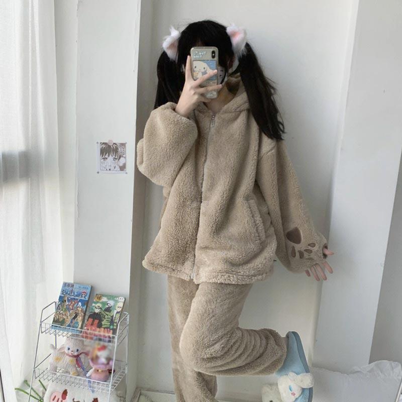 パジャマ レディース クマ柄 冬 着る毛布 ルームウェア 上下セットS M