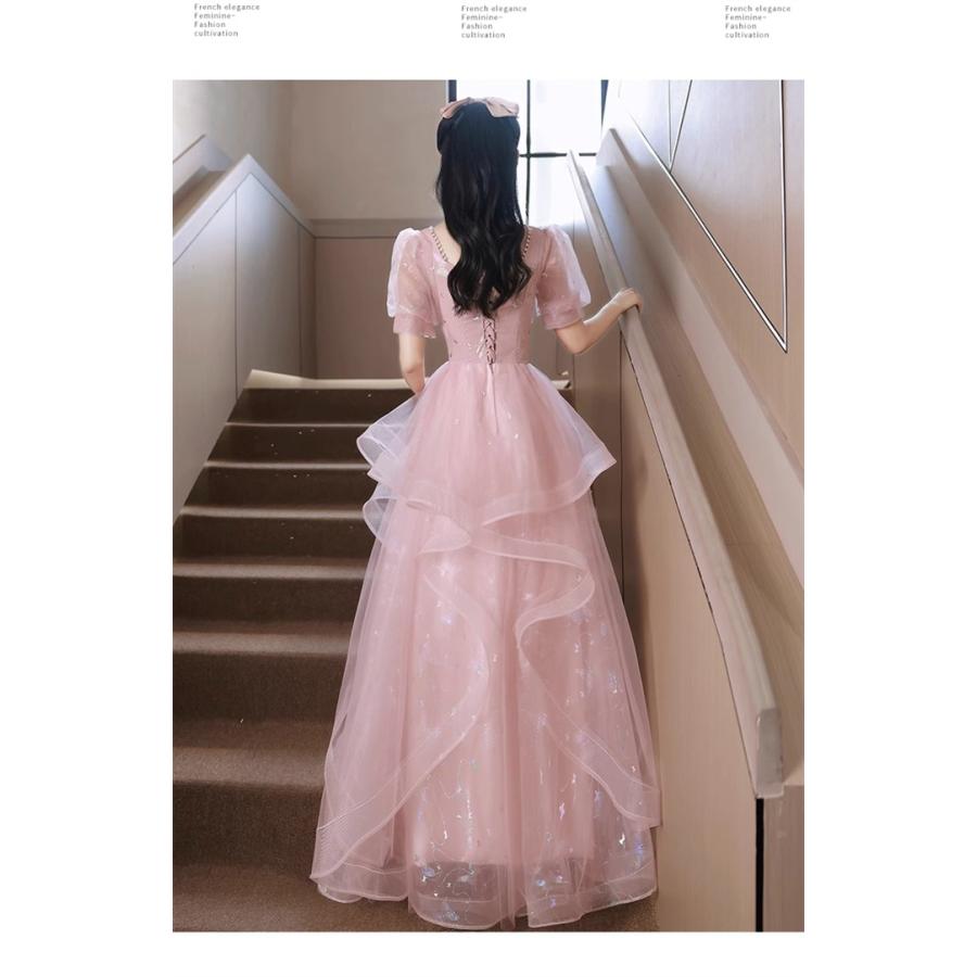 ドレス ピンク ロング丈 ミモレ丈 パーティードレス 演奏会 半袖 体型カバー 成人式 大人 発表会 結婚式 ステージ 二次会 忘年会 ロングドレス ワンピース 上品_5