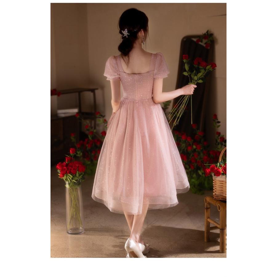GIRL 極美品　完売品　パーティードレス　ピンク　ミモレ丈　体型カバー　結婚式 ドレス ピンク ミモレ丈 パーティードレス 演奏会 半袖 体型カバー