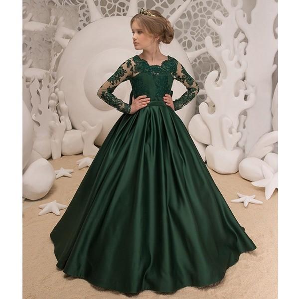 子供ドレス ピアノ発表会 ロングドレス 長袖あり 上品 女の子 緑
