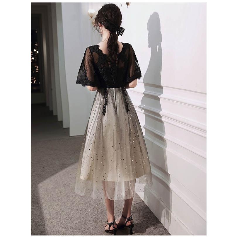 パーティードレス ロングドレス 演奏会 袖あり ドレス 五分袖 ラウンド