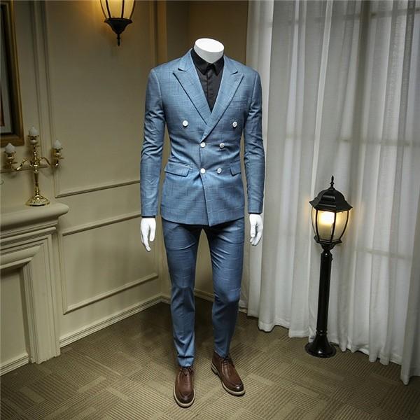 超美品 ツーピース セレモニースーツ フォーマルスーツ ダブルブレストスーツ メンズ セットアップ チェック柄 ライトブルー 細身 紳士服 結婚式 冠婚 春夏 安心の定価販売 Www Kslcity Com My