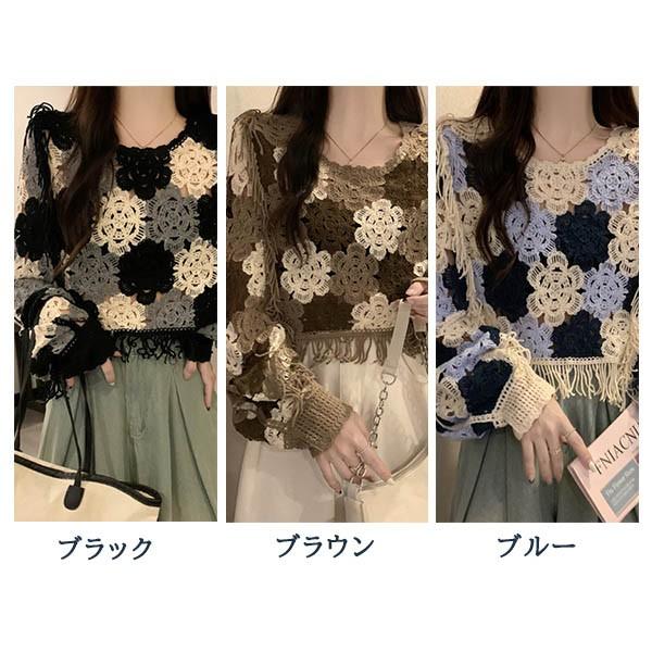クロシェ編み ニットトップス 透け感 ブラウス 花刺繍 ニッセーター