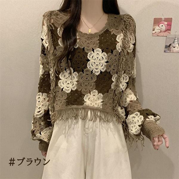 クロシェ編み ニットトップス 透け感 ブラウス 花刺繍 ニッセーター