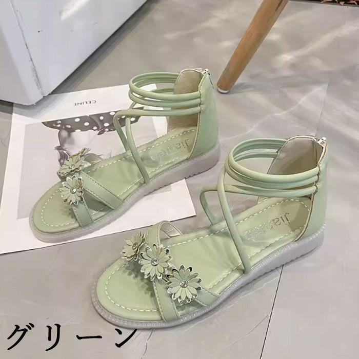 サンダル レディース フラワー ビジュー フラットサンダル クロス