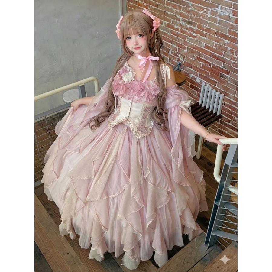 ロリータ ドレス ワンピース レディース 姫系 フリル レース シフォン