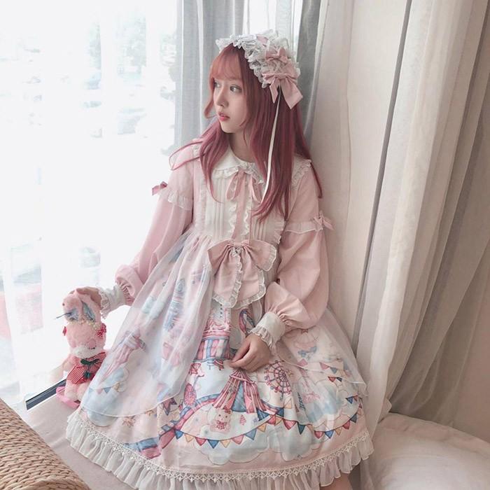 ゴスロリ ロリータ リボン レース フリル ワンピース お姫様 お嬢様 くすみ ロリータワンピース 甘ロリ レディース 長袖 ゴスロリ 姫系 フリル