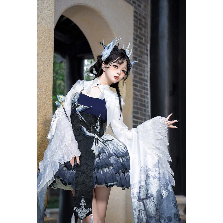ロリータ ワンピース OP チャイナ風 中華ロリ ネイビー ジャンパースカート トップス セット レディース 華ロリ クラシカル 可愛い ドレス ネイビー_1