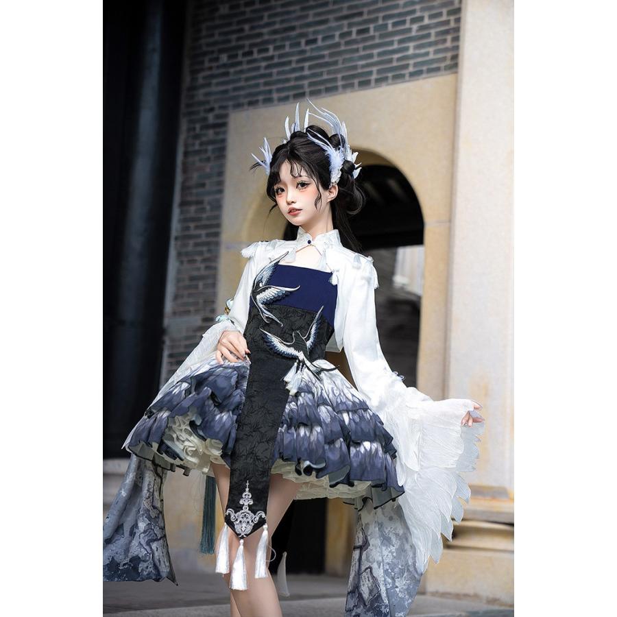 ロリータ ワンピース OP チャイナ風 中華ロリ ネイビー ジャンパースカート トップス セット レディース 華ロリ クラシカル 可愛い ドレス ネイビー_2