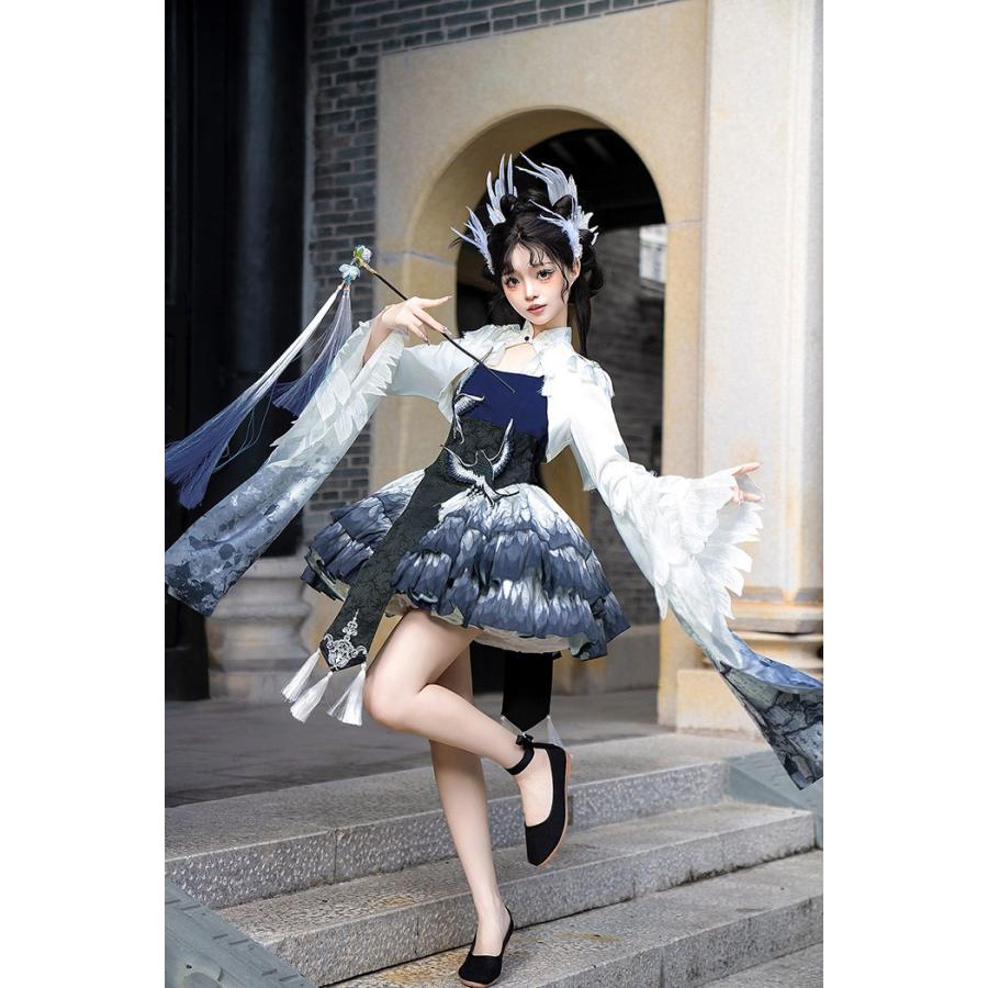 ロリータ ワンピース OP チャイナ風 中華ロリ ネイビー ジャンパースカート トップス セット レディース 華ロリ クラシカル 可愛い ドレス ネイビー_4