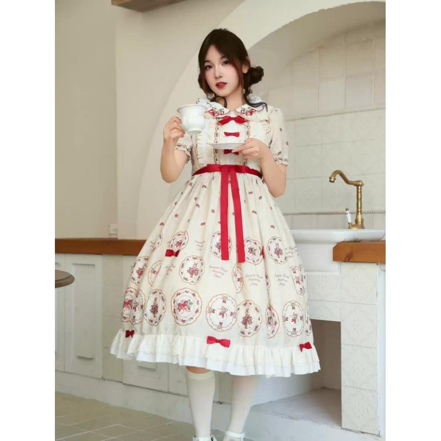 ロリータ ワンピース レディース クラロリ 半袖 Aライン ミモレ丈
