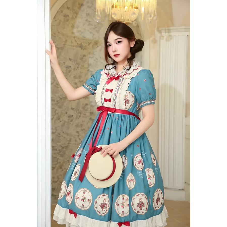 ロリータ ワンピース レディース クラロリ 半袖 Aライン ミモレ丈