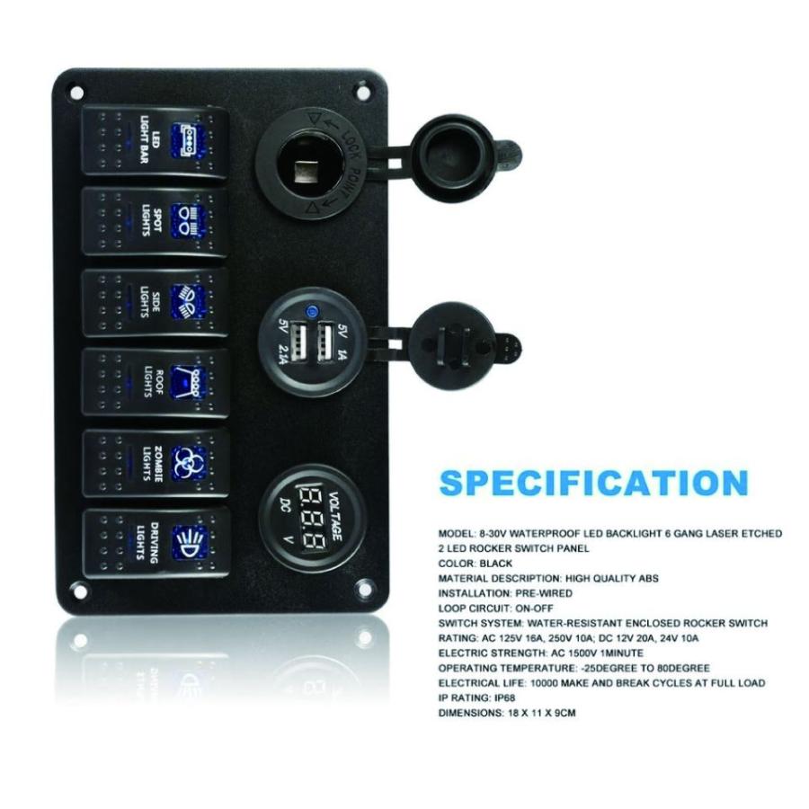 キャンピングカー/ボート 6連ロッカースイッチパネル 3.1A 2USBポート