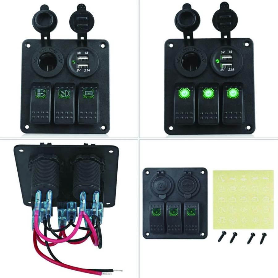キャンピングカー/ボート 3連ロッカースイッチパネル 3.1A 2USBポート