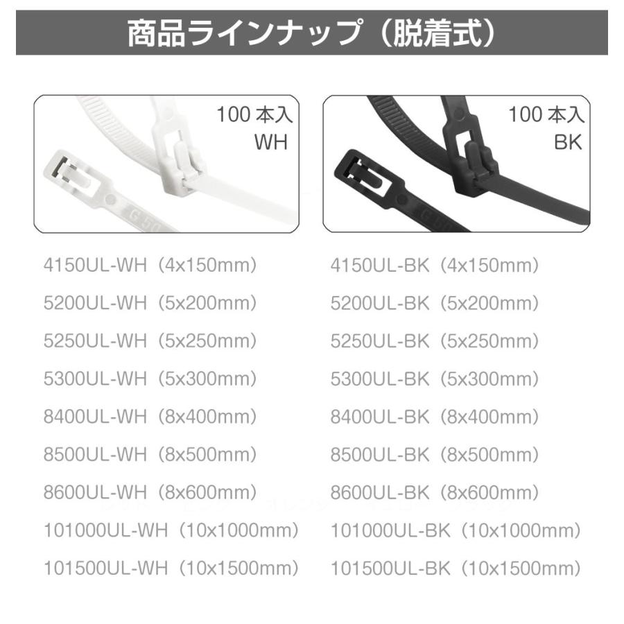 脱着可能 66ナイロン 結束バンド 幅8mm 長さ400mm 100本セット 全2色