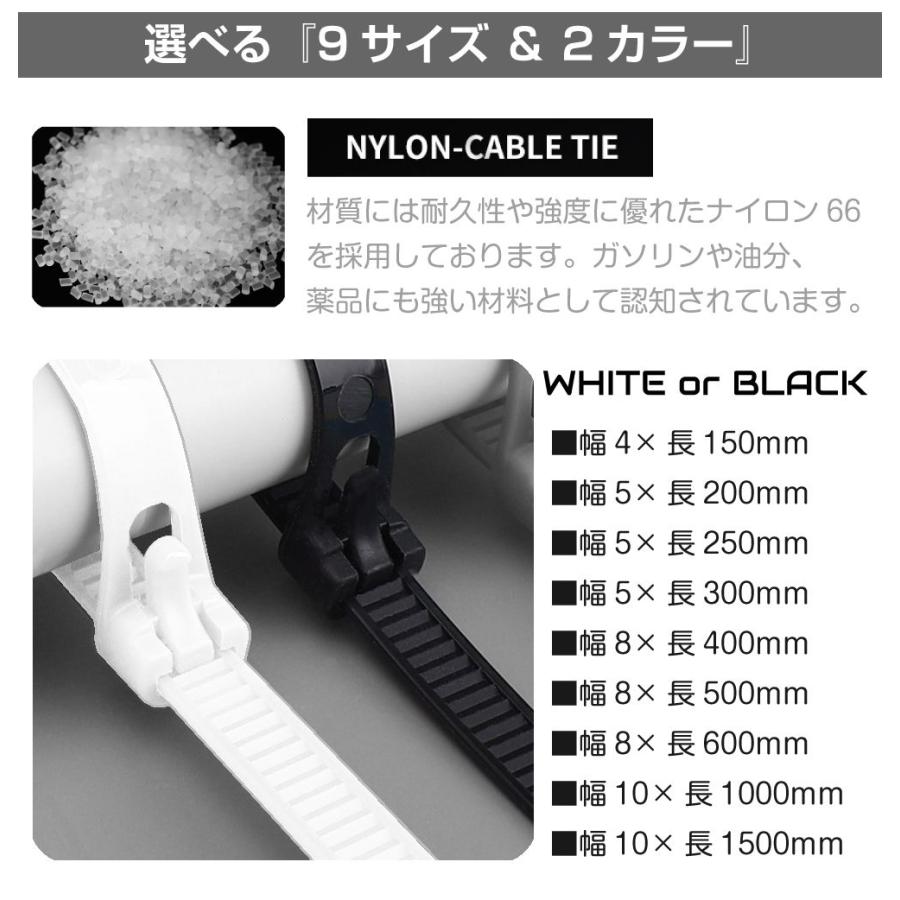脱着可能 66ナイロン 結束バンド 幅8mm 長さ600mm 100本セット 全2色 