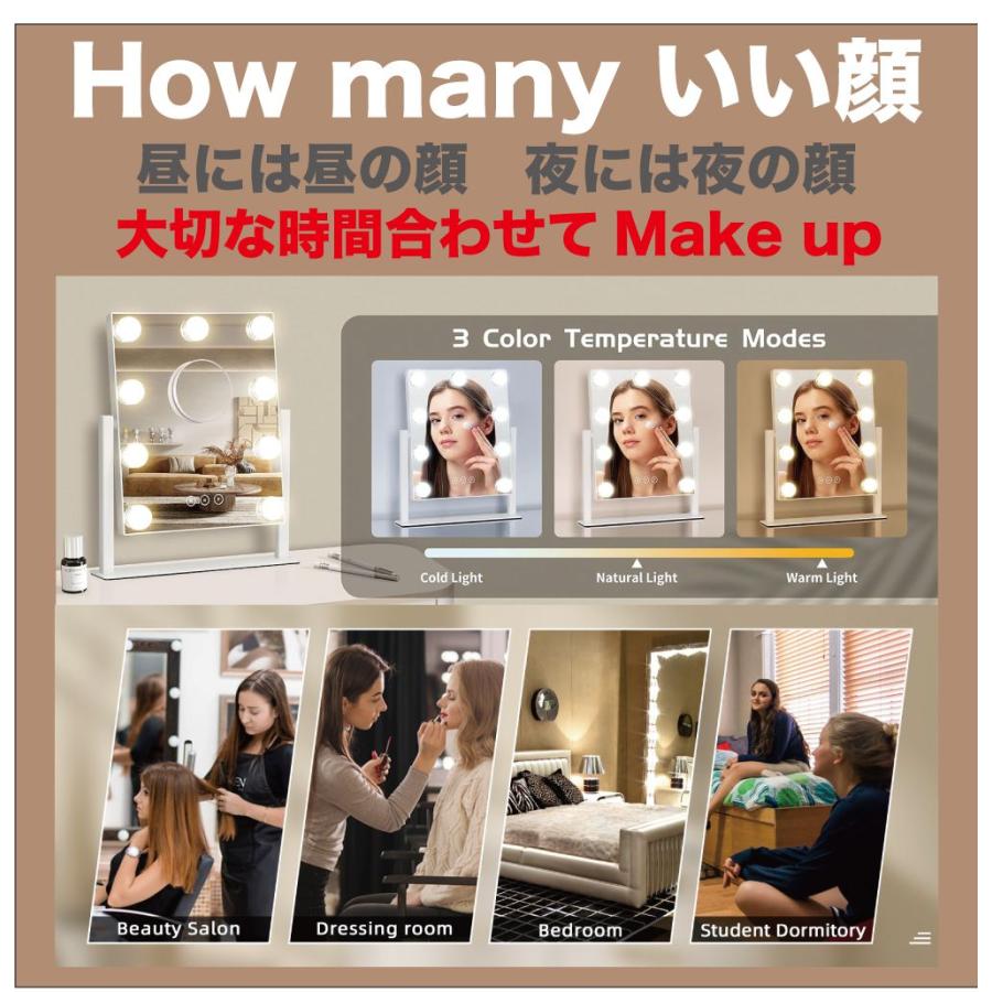 女優ミラー ドレッサー ライト付き 卓上 LED ライト 丸 9LED 10X拡大鏡
