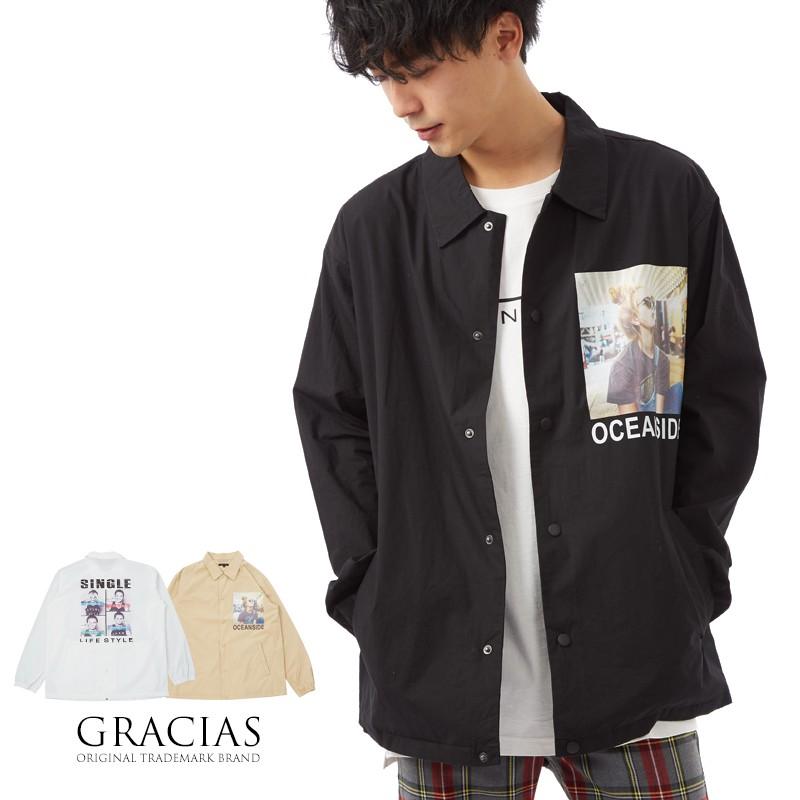 コーチジャケット メンズ ブルゾン ジャンパー ジャンバー ミリタリー バックプリント アウター 黒 白 ストリート系 スケーター Graciasショッピングストア 通販 Yahoo ショッピング