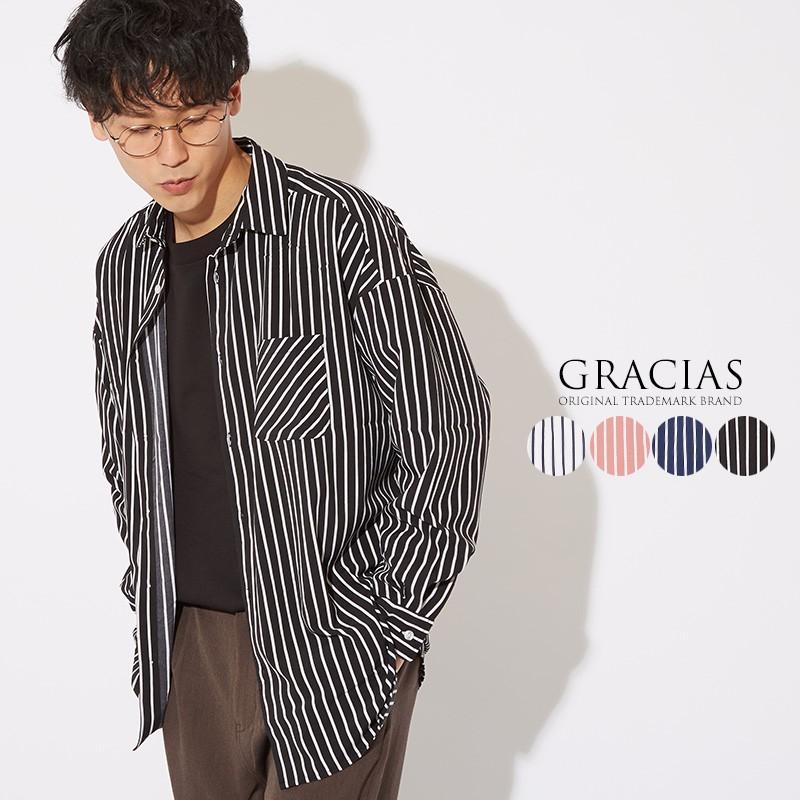 ビッグシルエット シャツ メンズ 長袖シャツ ブラウス ビッグシャツ ポリエステル ストライプシャツ ストライプ オーバーサイズ ビックシルエット ビックシャツ Graciasショッピングストア 通販 Yahoo ショッピング