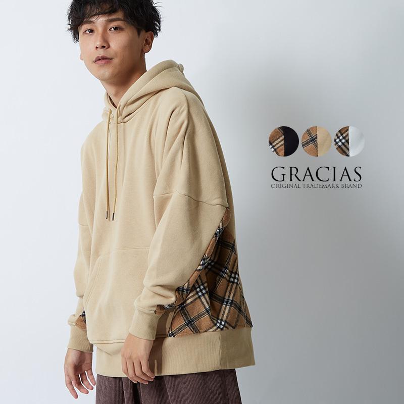 パーカー メンズ 裏起毛プルオーバーパーカー 長袖 スウェットパーカー チェック 切替 大きいサイズ オーバーサイズ ビッグシルエット Gracias Graciasショッピングストア 通販 Yahoo ショッピング
