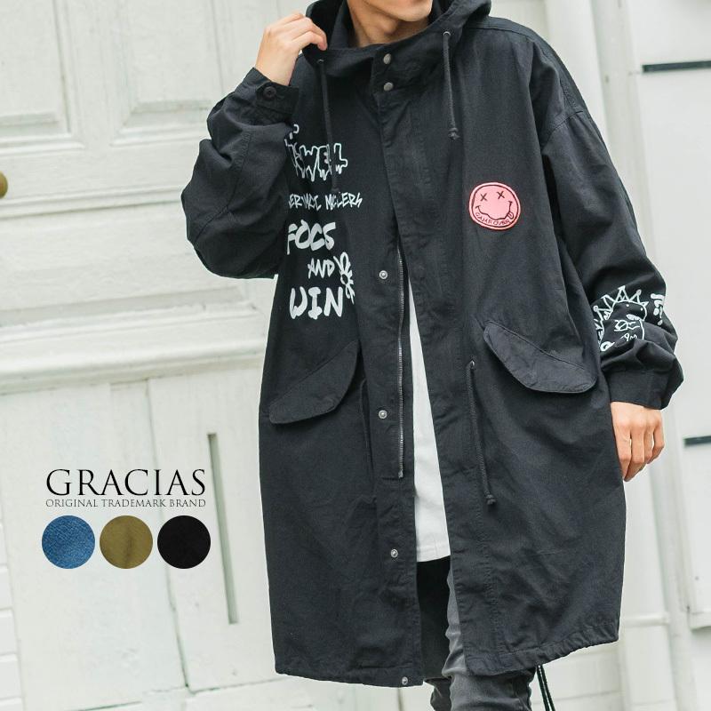 モッズコート メンズ ビッグシルエット デコレーション プリント オーバーサイズ 大きいサイズ ロング丈 ロングコート ミリタリージャケット Gracias Graciasショッピングストア 通販 Yahoo ショッピング