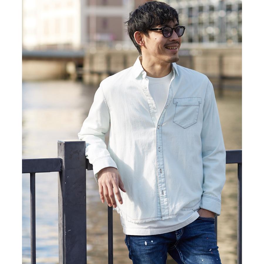 裾フリンジ デニムシャツ メンズ シャツ 長袖 デニム 長袖シャツ ダンガリーシャツ カジュアルシャツ ブルー 青 Graciasショッピングストア 通販 Yahoo ショッピング