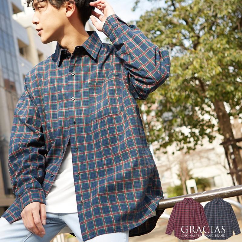 チェックシャツ メンズ ビッグシルエット シャツ 長袖 ビッグシャツ オーバーサイズ ロング丈 長袖シャツ レッド Graciasショッピングストア 通販 Yahoo ショッピング