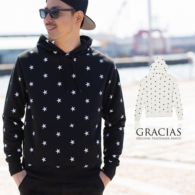 スター 総柄 プリント パーカー メンズ 星柄 スウェット プルオーバー ストリート サーフ系 ブラック 黒 Graciasショッピングストア 通販 Yahoo ショッピング