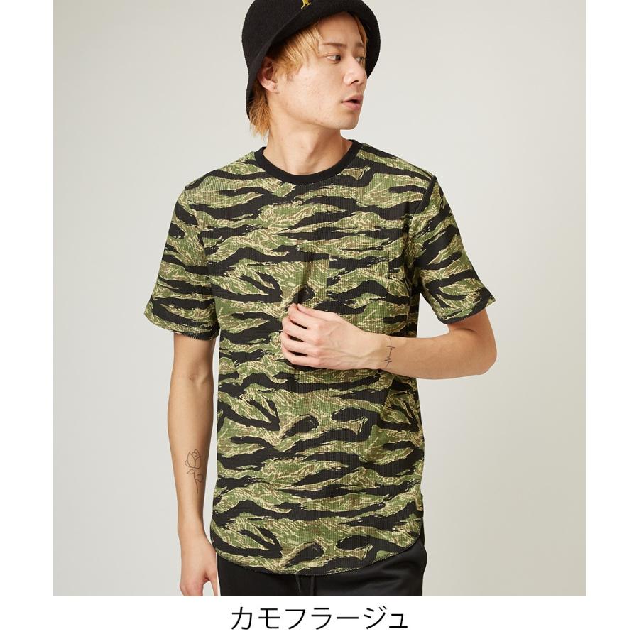 ロング丈 Tシャツ メンズ ワッフル サーマル カットソー 半袖 クルーネック カモフラ 迷彩 白 黒 無地 ストリート系 Graciasショッピングストア 通販 Yahoo ショッピング