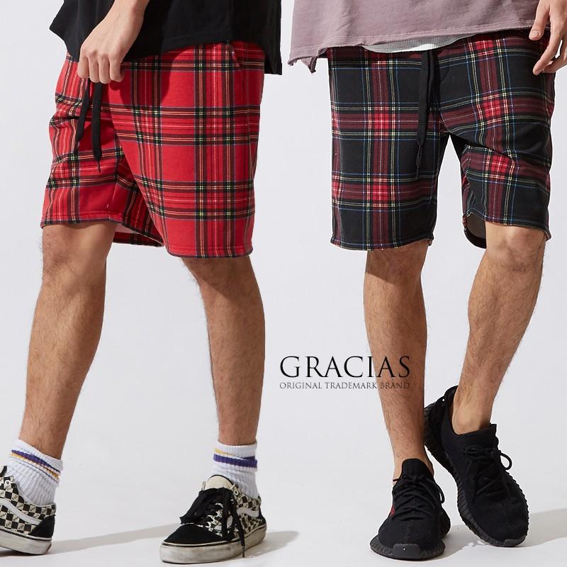 チェック ショートパンツ メンズ スウェット ハーフパンツ ショーツ 短パン ブラック レッド 黒 赤 韓国ファッション 502 Graciasショッピングストア 通販 Yahoo ショッピング