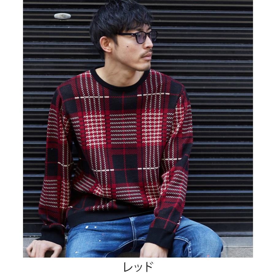 ニット メンズ セーター チェック柄 長袖 ニットセーター ジャガードニット ベージュ レッド 赤 Improves Graciasショッピングストア 通販 Yahoo ショッピング