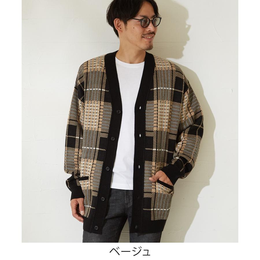 ニット カーディガン メンズ チェック柄 ロングカーディガン ニットカーディガン Vネック 長袖 ジャガードニット ベージュ 赤 Gracias Graciasショッピングストア 通販 Yahoo ショッピング