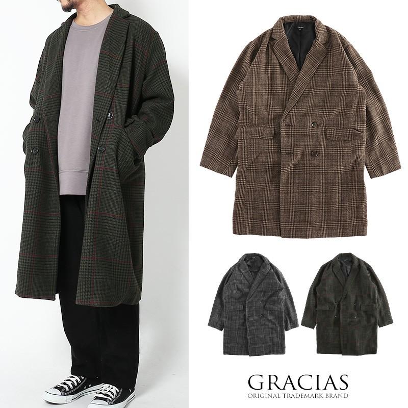 ロングコート メンズ チェック チェスターコート ロング ウール ロング丈 コート 大きいサイズ ジャケット チェック柄 ビッグシルエット Graciasショッピングストア 通販 Yahoo ショッピング
